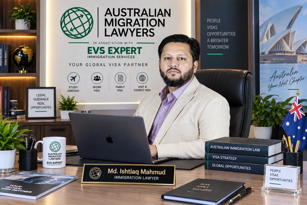 Md. Ishtiaq Mahmud at his desk at Australian Migration Lawyers, in association with EVS Expert Immigration Services